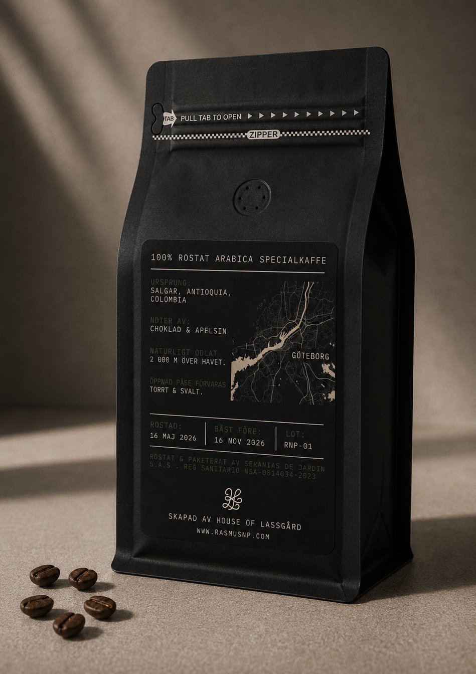 11 Kaffe Edition 01 coffee bag, back — origin details and a Gothenburg map graphic
